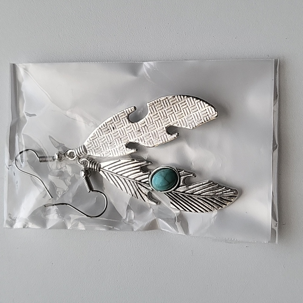 Turquoise silver feather earrings.